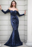 Navy Off Shoulder Sequin Gown