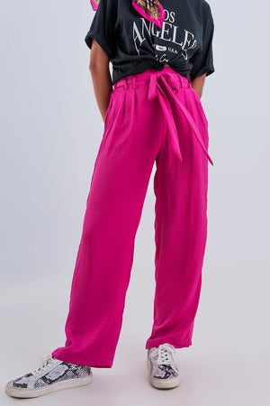 Wide Leg Belted Pants in Fuchsia