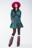 Short Printed Dress With Tiered Skirt and Ruffled Cuff in Forest Green