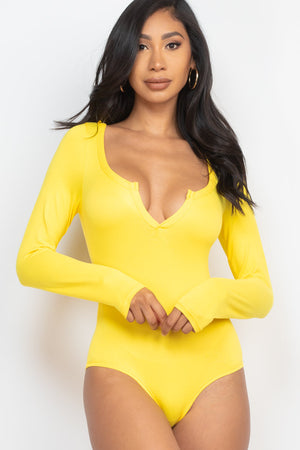 Split Neck Solid Long Sleeve Bodysuit