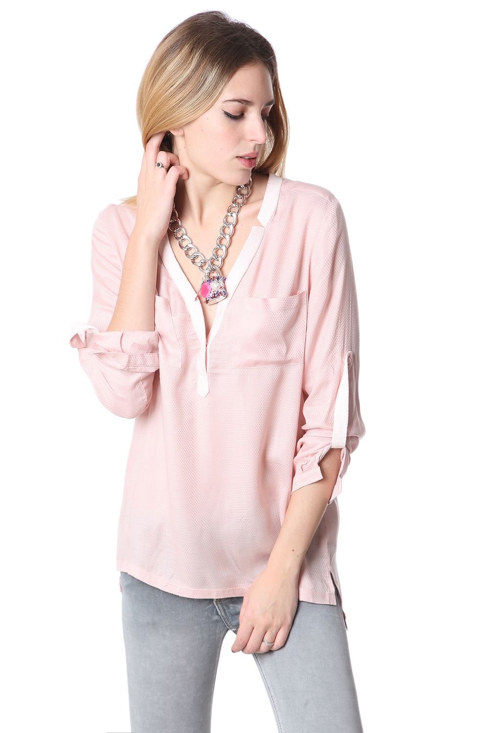 Pink Long Sleeve Deep v Neck Blouse