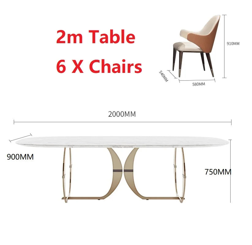 Italian Gold Modern Marble and Stainless Steel Table 6 Chairs