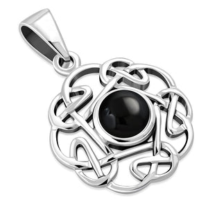 Petit pendentif rond en argent avec nœud celtique en onyx noir