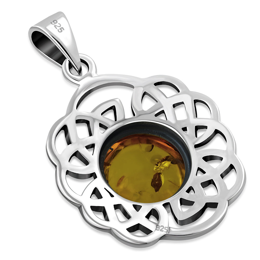 Ensemble de pendentifs ronds en argent avec nœud celtique et ambre de la Baltique