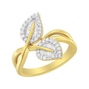 10K Yellow Gold 3/8 Cttw Round and Baguette-Cut Diamond Leaf Cocktail Ring