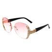 Jadeisle - Women Oval Rimless Rhinestone Design Round Oversize Sunglasses