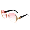 Jadeisle - Women Oval Rimless Rhinestone Design Round Oversize Sunglasses