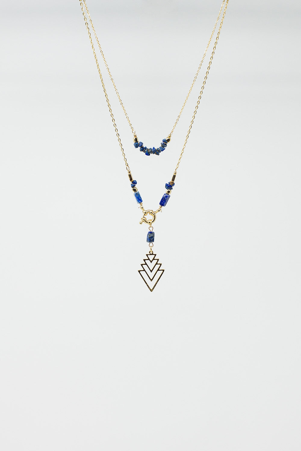 Collier long 2 en 1 en or avec perles bleues