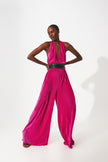 Satin Halter Neck Pleated Maxi Jumpsuit in Fuchsia