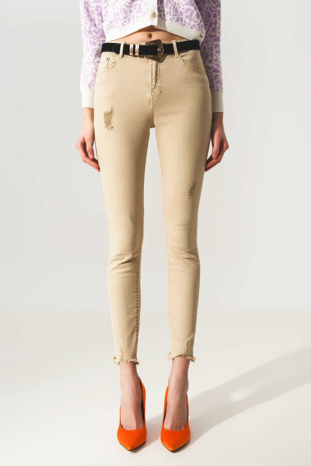 Jean skinny taille haute en beige