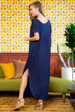 Short Sleeved Side Slit Oversized V-Neck Pocket Maxi Dress