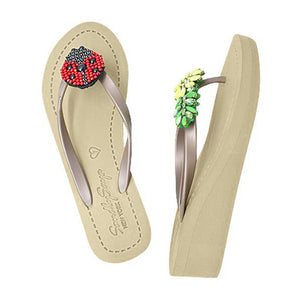 Ladybug & Yellow Daisy - Red and Yellow Embellished motifsMid Wedge Flip Flops