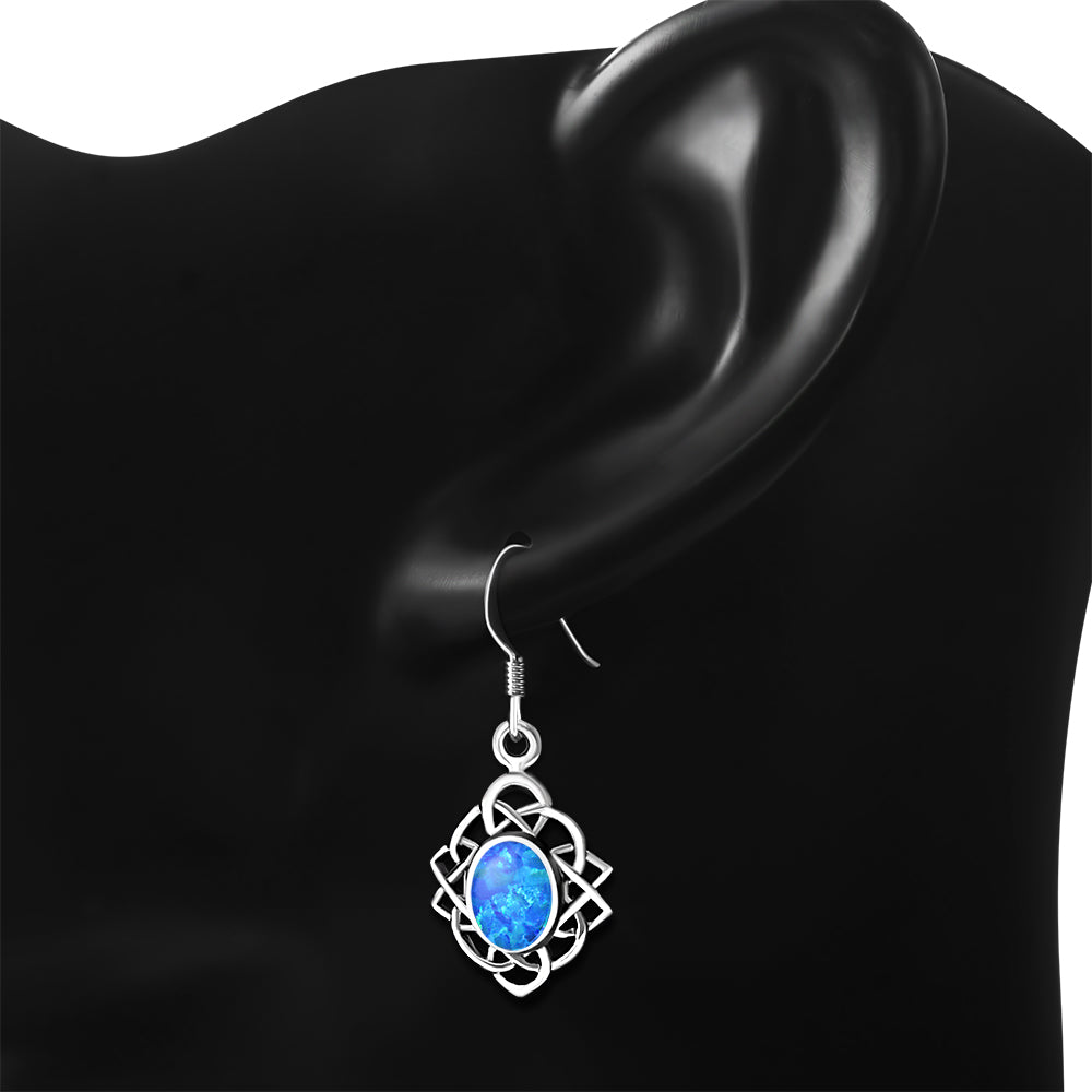 Synthetic Opal Celtic Knot Oval Silver Earrings