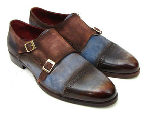 Paul Parkman Captoe Double Monkstrap Daim Bleu Antique et Marron (ID#045AN14)