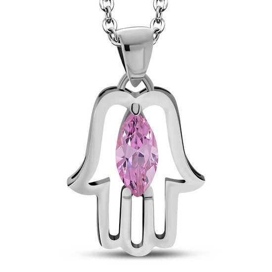 Hamsa Silver Pendant Set W/ Pink CZ