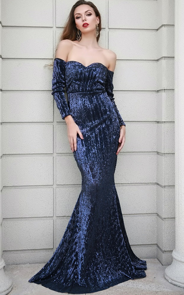 Navy Off Shoulder Sequin Gown