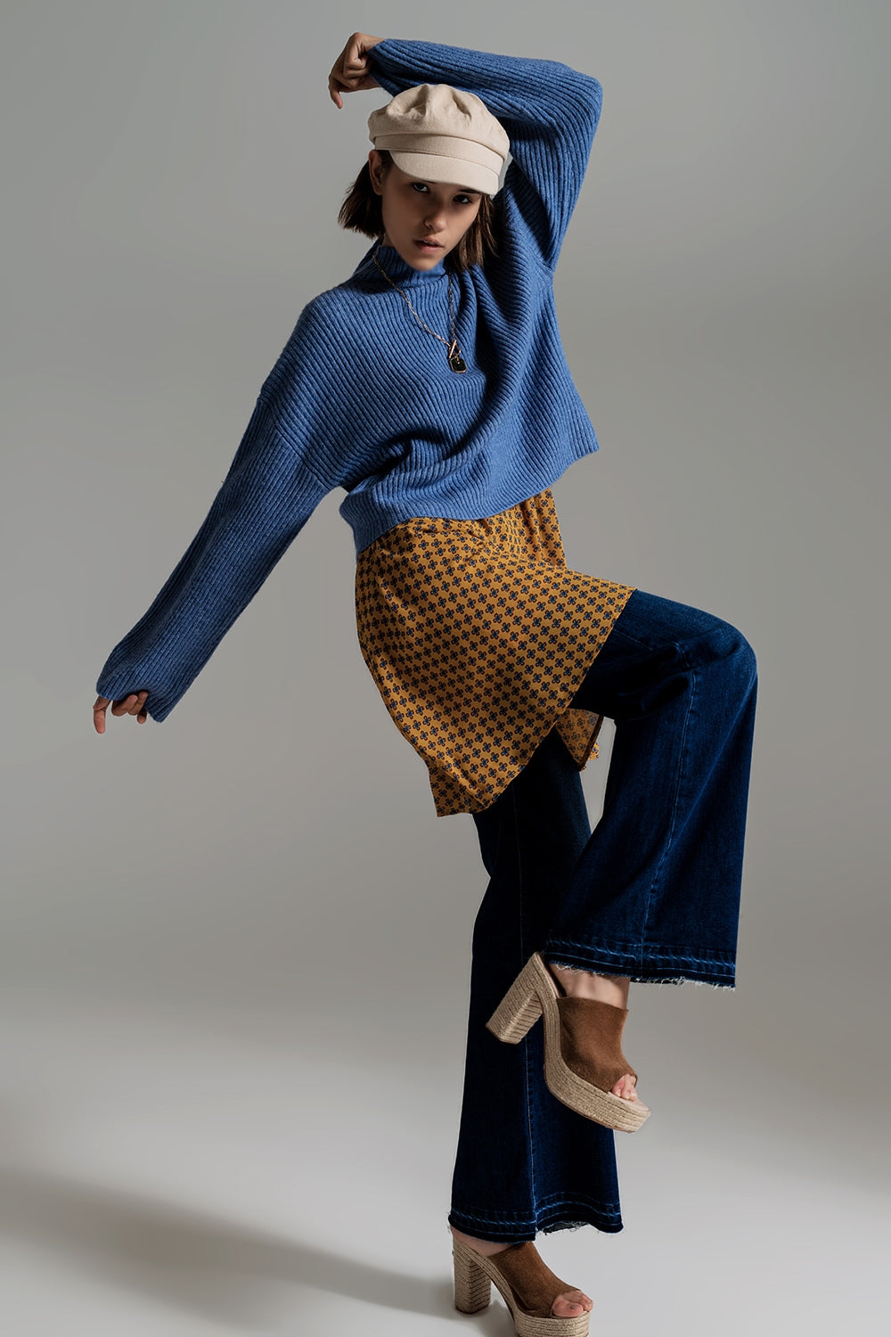 Blue Soft Ribbed Turtleneck Jumper