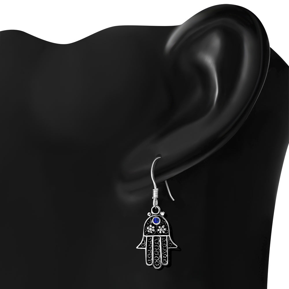 Filigree Work Hamsa Earring W Blue CZ