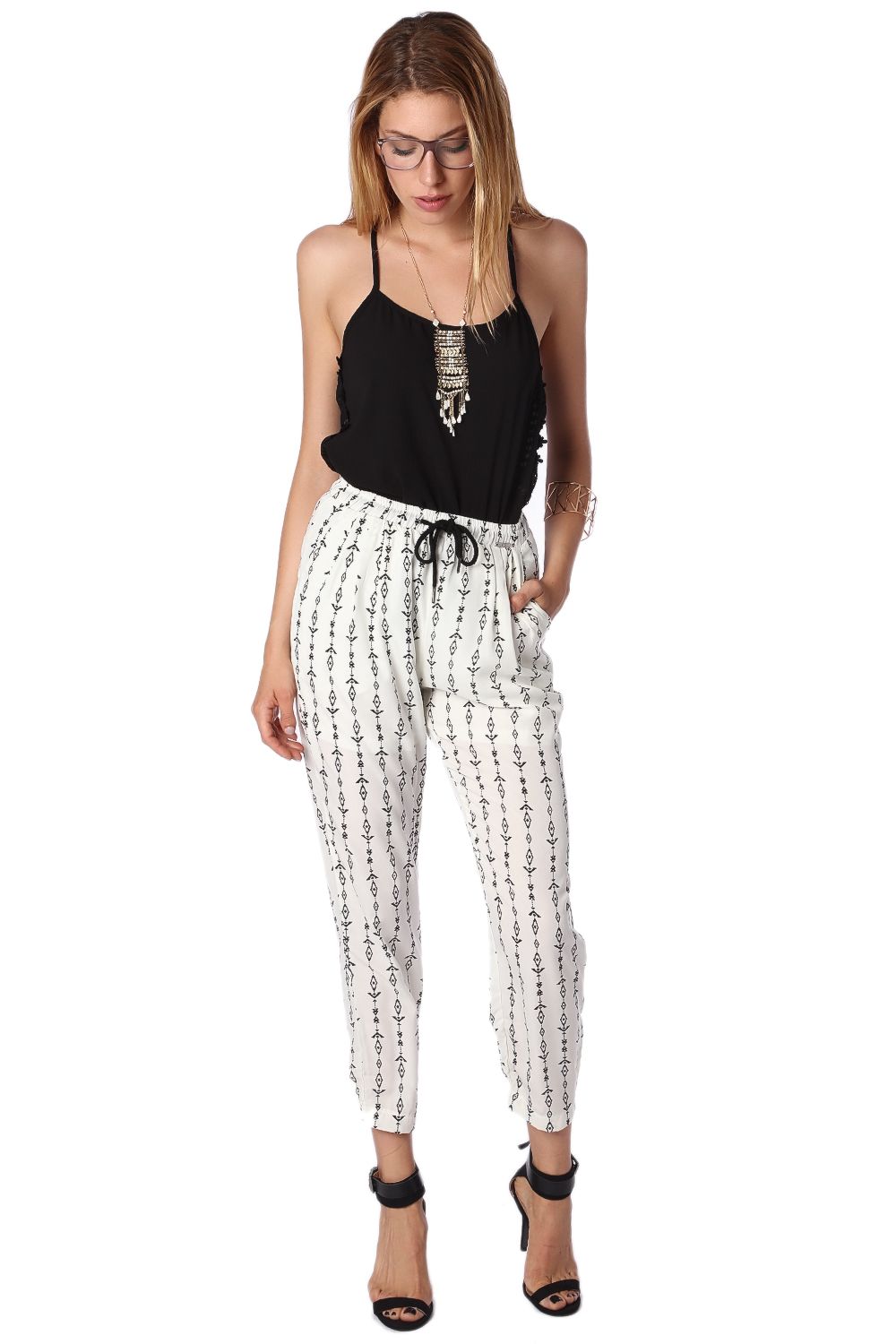 Cream Pants With Contrast Geo-Tribal Print