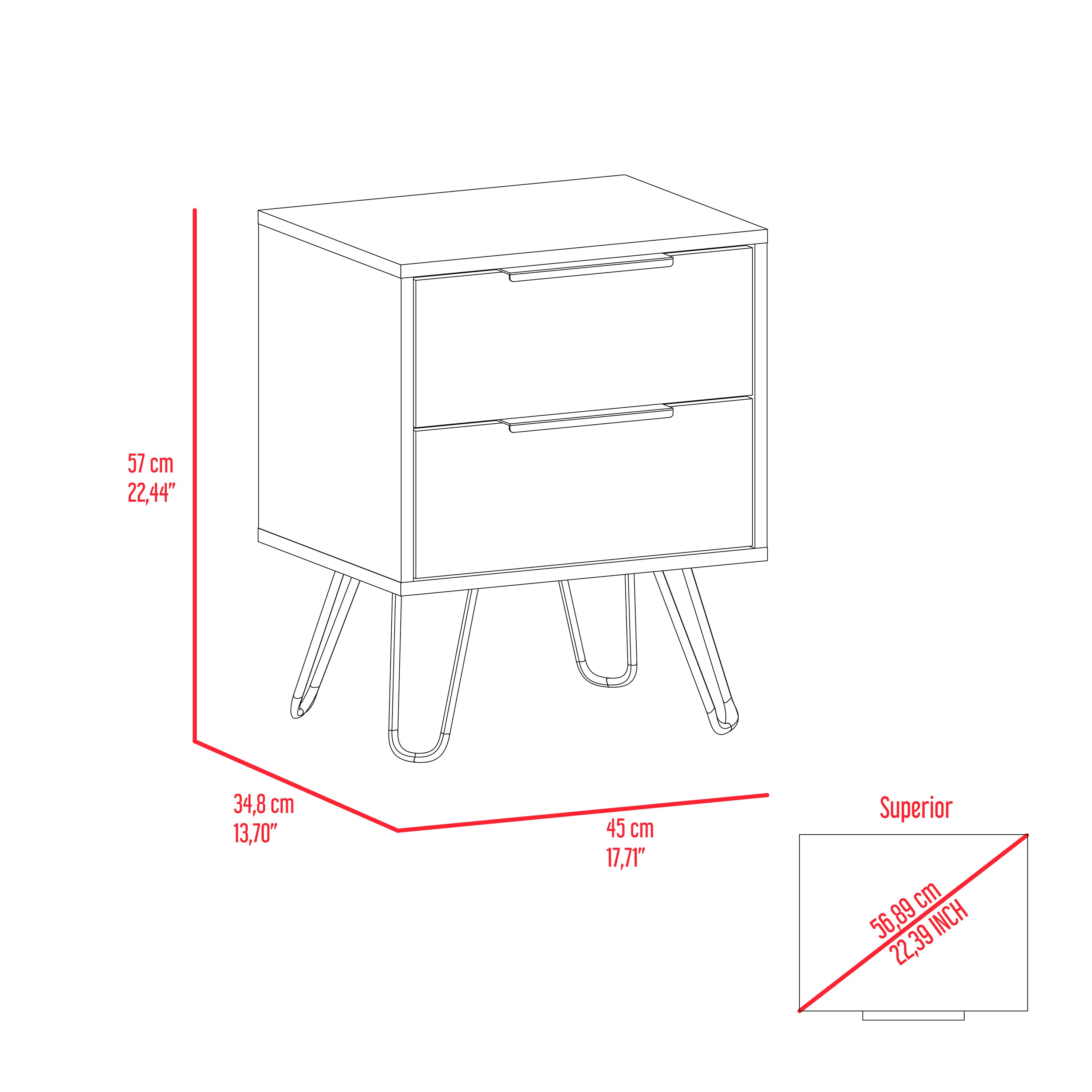 Table de Chevet Skyoner 2, Pieds Harpin, Deux Tiroirs - Blanc