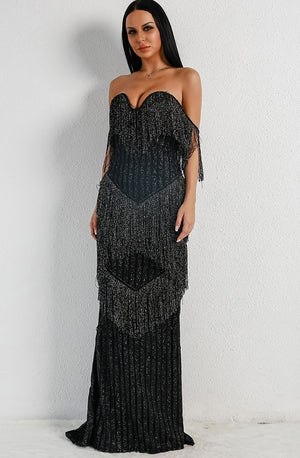 Black Fringe Evening Gown