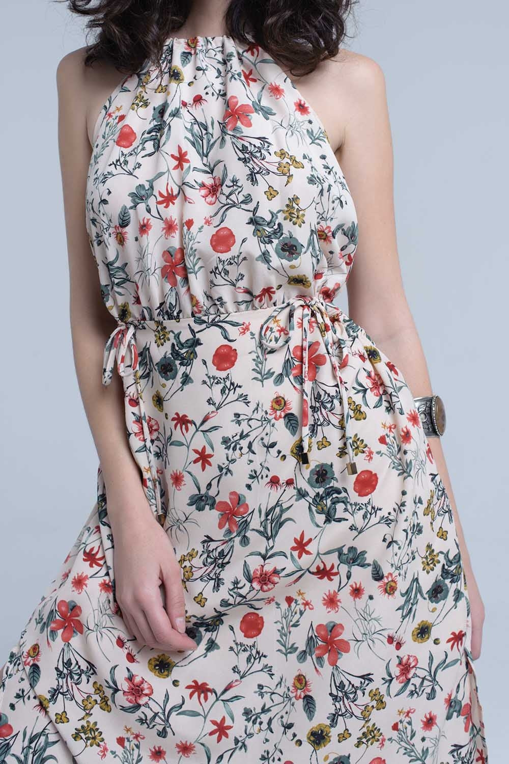 Beige Floral High Neck Cut Out Midi Dress