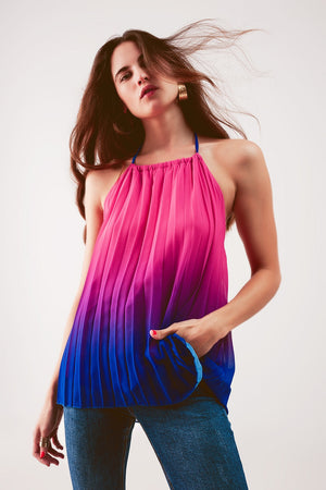 High Neck Pleat Top in Fuchsia Ombre