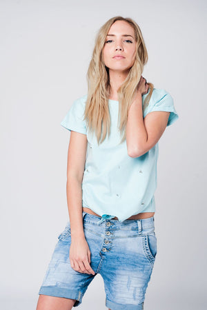 T-Shirt Bleu Avec Détails Strass