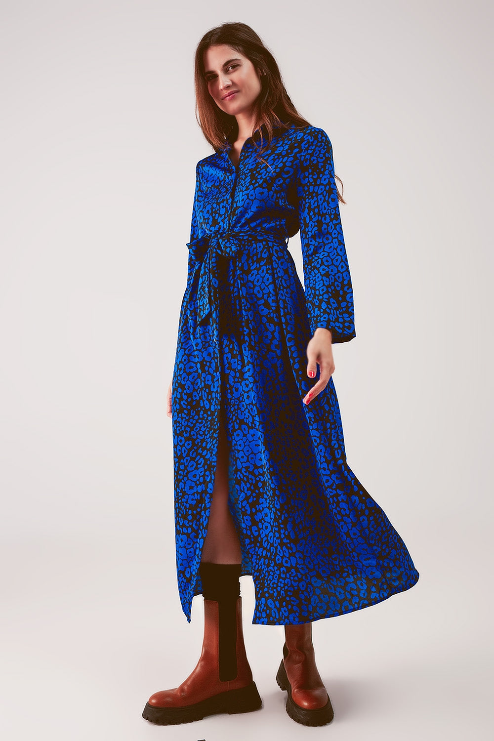 Belted Maxi Shirt Dress in Blue Animal Print