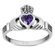 Irish Claddagh Sterling Silver Ring Set W/ Amethyst CZ