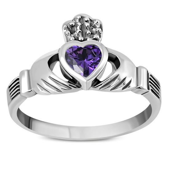 Irish Claddagh Sterling Silver Ring Set W/ Amethyst CZ