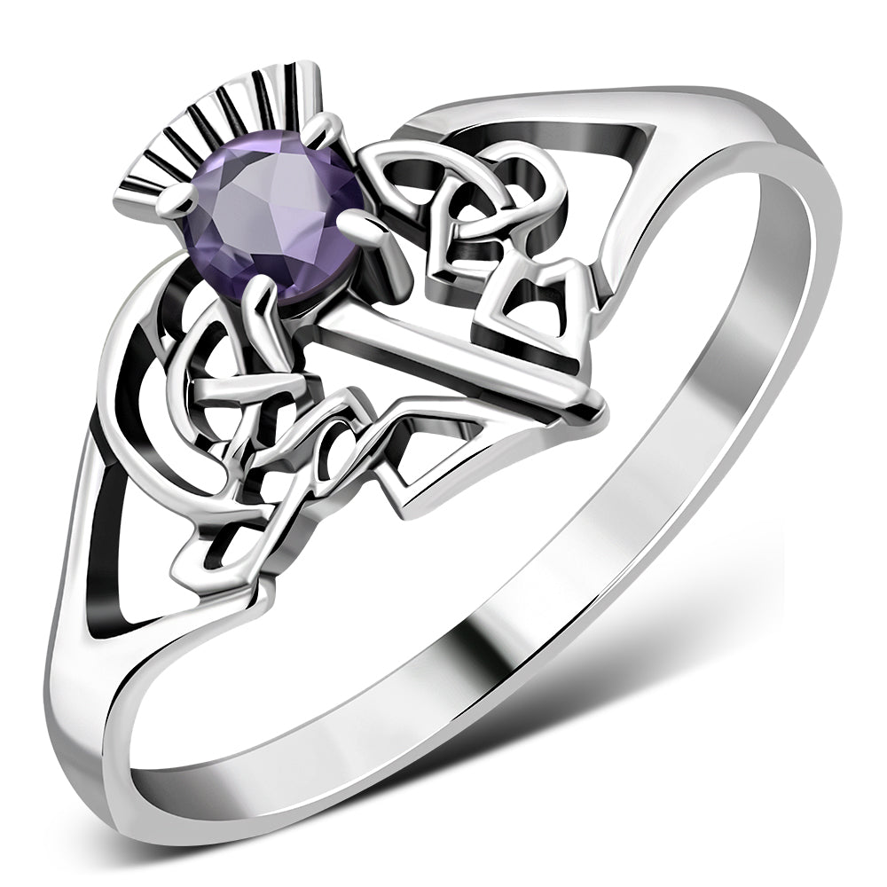 Celtic Knot Thistle Amethyst Stone Silver Ring