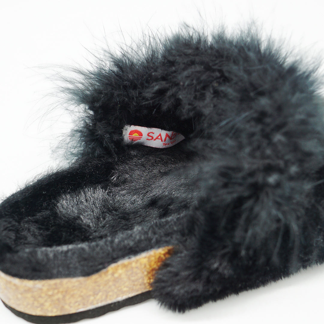 Shearling Fur Slide With Feather and Rhinestones