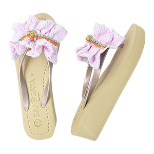 Pink Hudson- Stipe Ruffle Mid Wedge Flip Flops