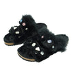 Shearling Fur Slide With Feather and Rhinestones