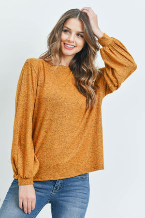 Puff Sleeved Boat Neck Two Toned Brushed Hacci Top