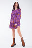 Short Printed Dress With Tiered Skirt and Ruffled Cuff in Purple