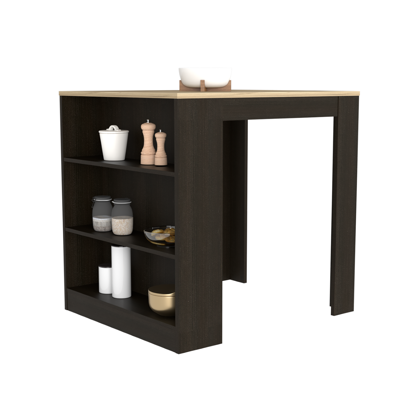 Kitchen Counter Dining Table Toledo, Three Side Shelves - Black / Pine