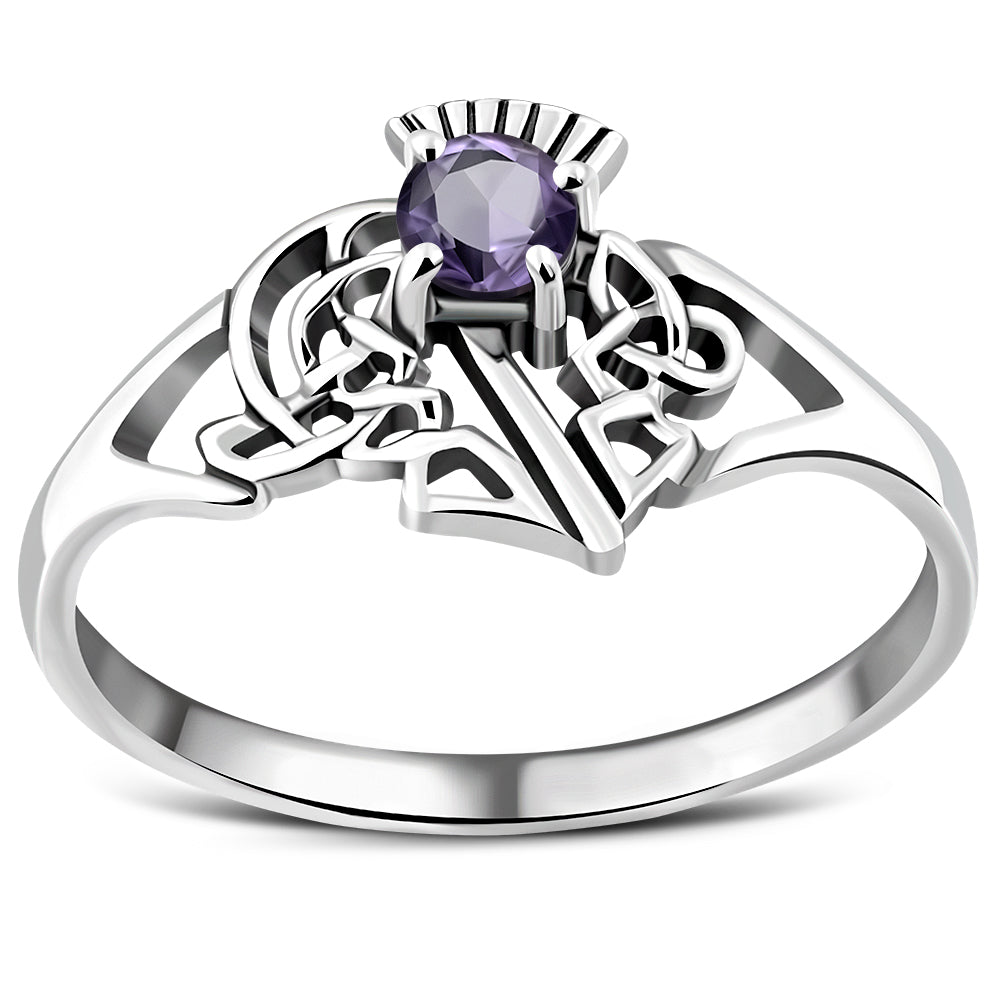 Celtic Knot Thistle Amethyst Stone Silver Ring