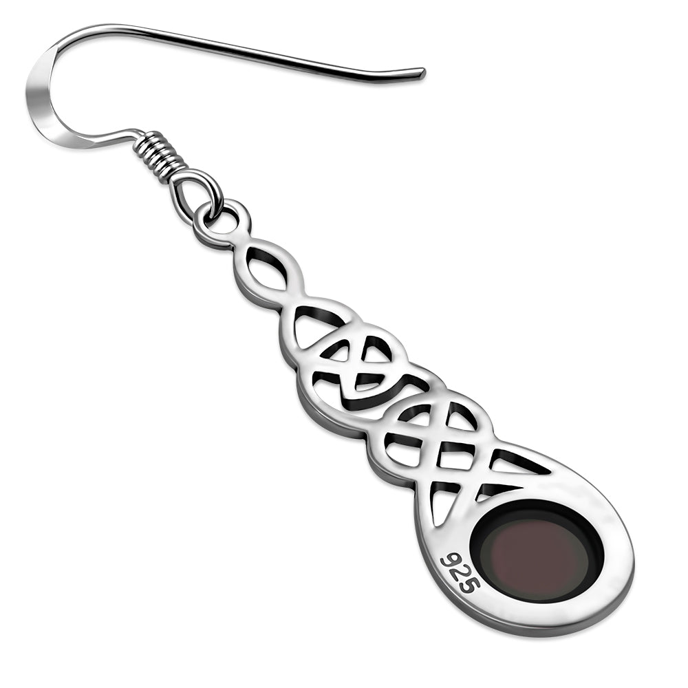 Garnet Stone Celtic Long Silver Earrings