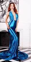 Glossy Blue Satin Evening Gown