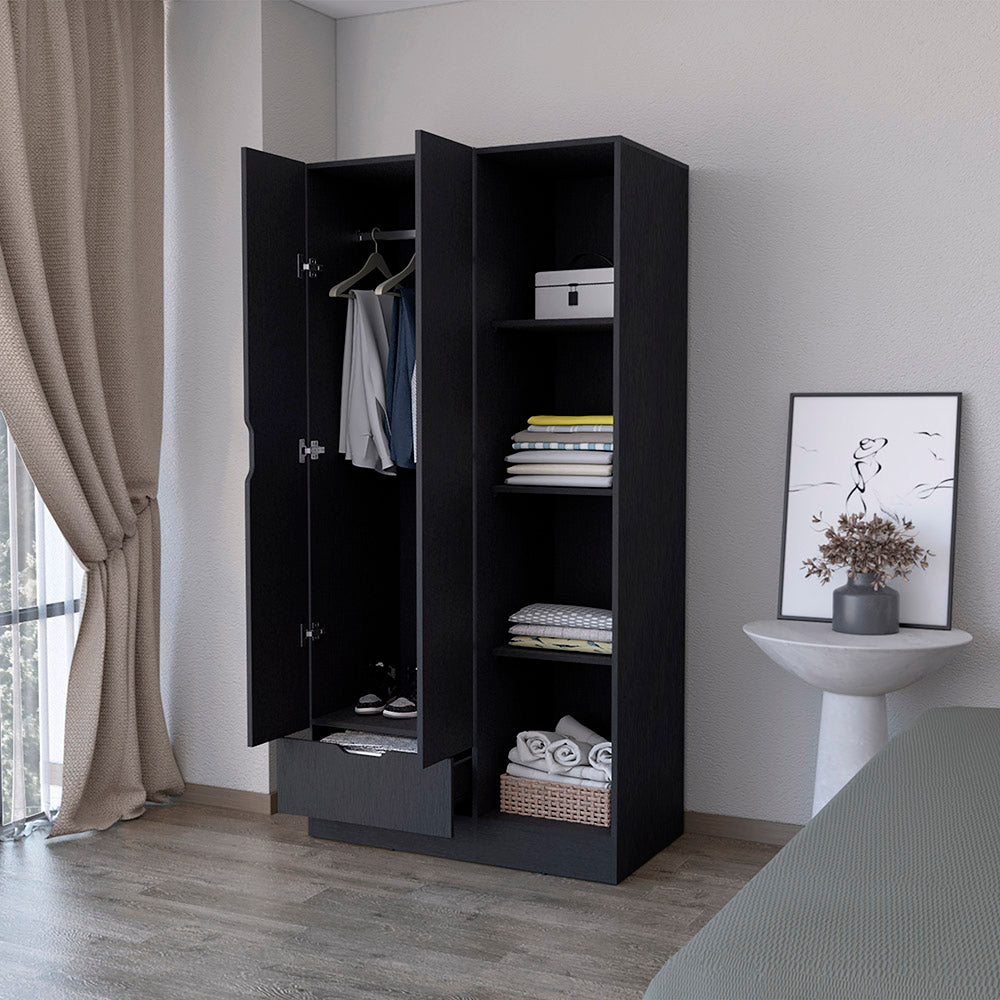 Armoire Dover avec quatre tablettes de rangement, tiroir et porte double -Noir.