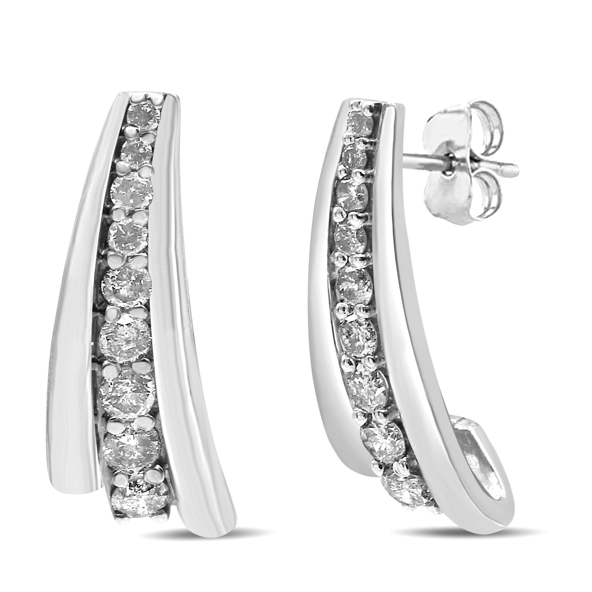 .925 Sterling Silver 1 Cttw Round Diamond Graduated Huggie Earrings