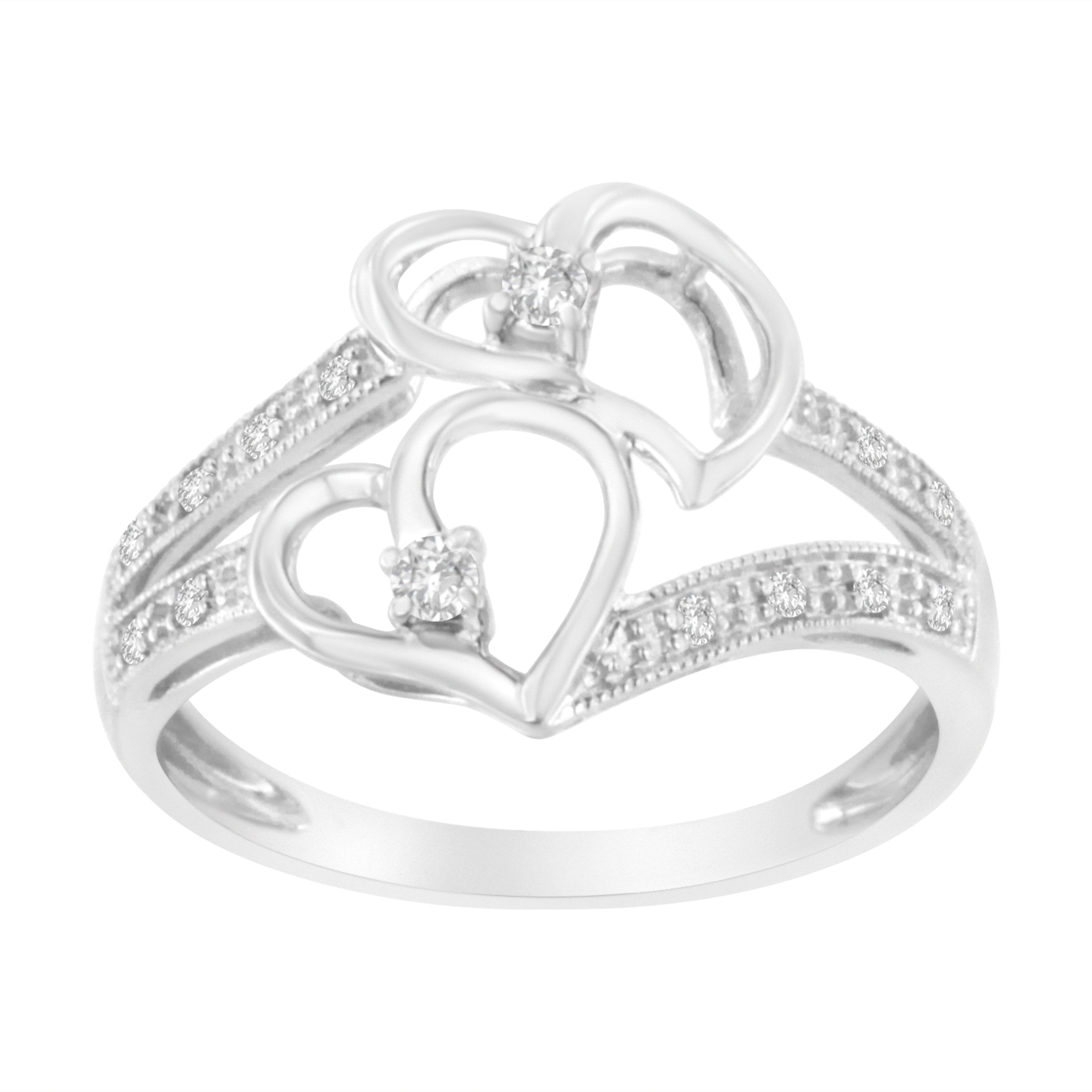 Bague double cœur en or blanc 14 carats avec diamants 1/10 Cttw