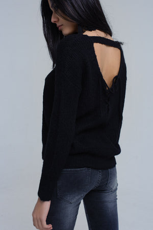 Black Knitted Sweater With Tie-Back Closure