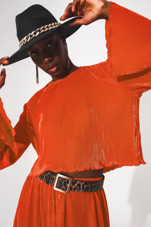 Pleated Round Neck Crop Top in Orange