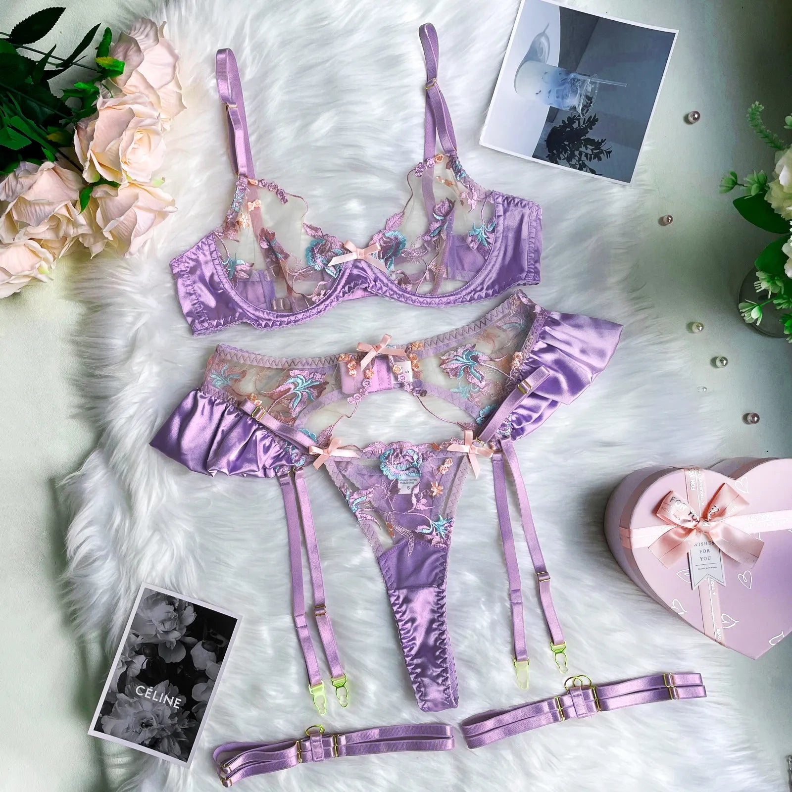 Ruffle Floral Lingerie Intimate Set Transparent Fantasy Underwear Bra Outfits Ellolace