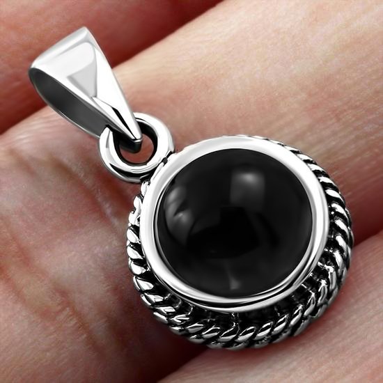 Black Onyx Round Silver Pendant