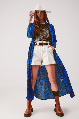 Belted Maxi Shirt Dress in Blue Animal Print