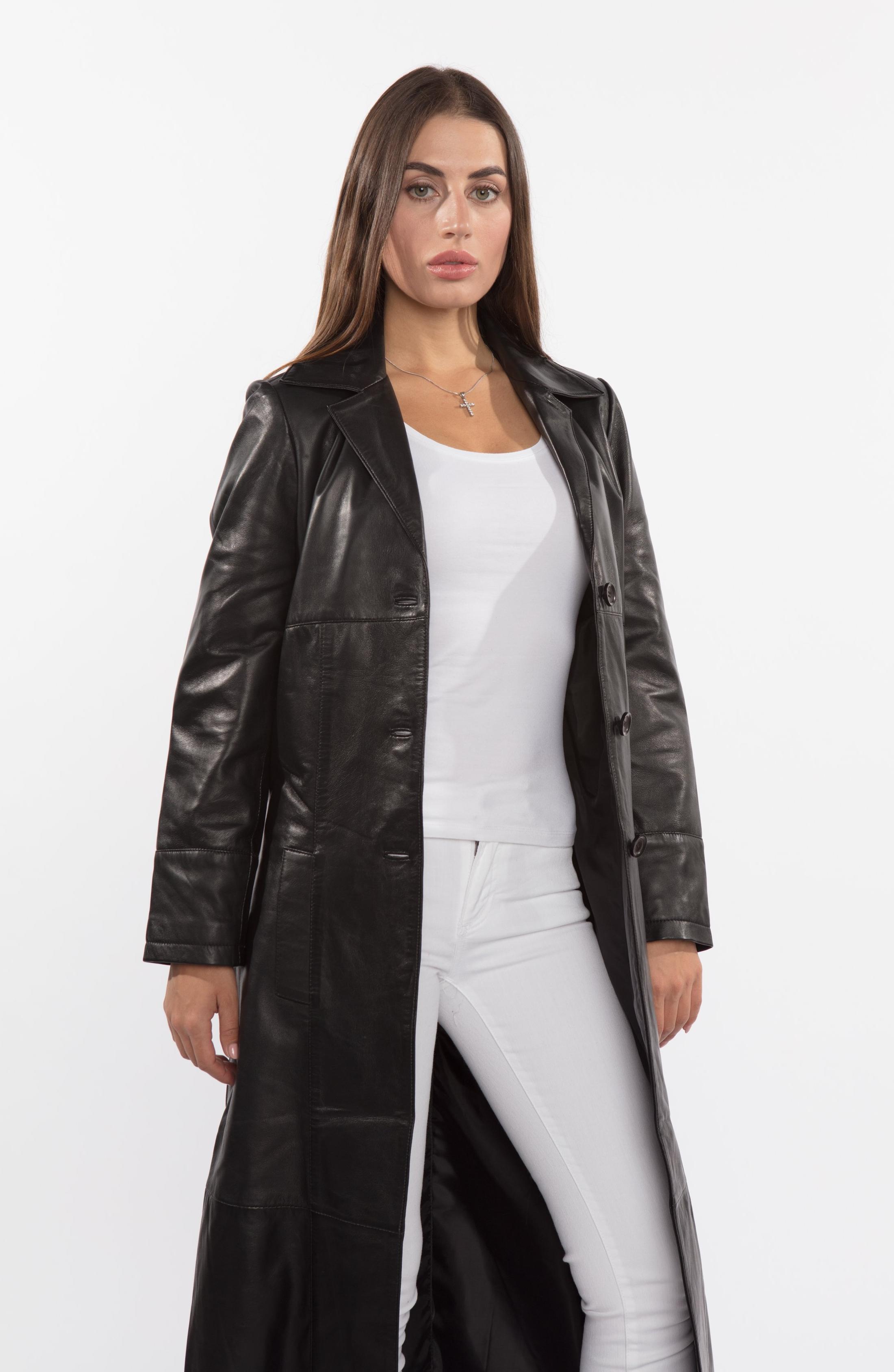 Manteau en cuir pleine longueur noir Matrix à 3 boutons pour femme